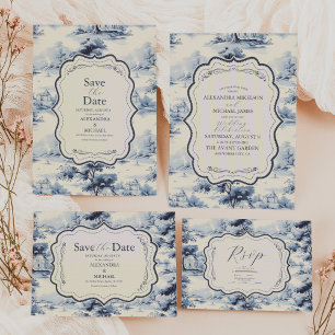Invitation Tout En Un Elégant Baroque Bleu Jardin Français Floral Mariag