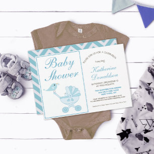 Invitation Cute Blue Bird Baby Carriage Baby shower Chevron