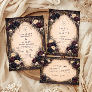 Cartons Réponse Mariage Floral de Crâne Gothique Sombre