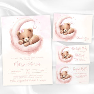 Blush Pink Watercolor Bear Girl Babydusche Dankeskarte
