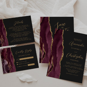 Cartons Réponse Burgundy Agate Gold Calligraphy Script Mariage