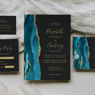 Carte RSVP Turquoise Gold Agate moderne mariage fo