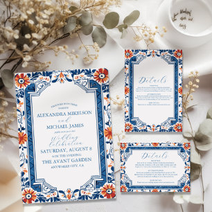 Invitation Carrelage bleu méditerranéen italien et Mariage ci