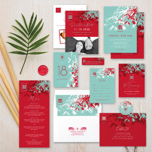 Sticker Rond Red & Aqua Bamboo Feuilles Shuang Xi Mariage chino
