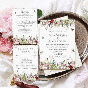 Invitation Fleurs violettes roses avec Mariage de papillons