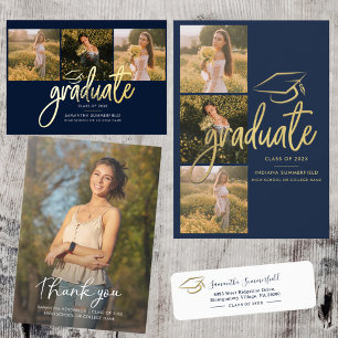 Abschluss 4 Fotocollage Skript Navy Gold Folieneinladung