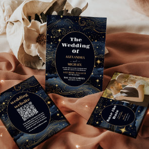 Invitation Tout En Un QR Code Celestial Midnight Blue Stars Moon Mariage