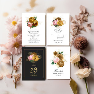 Cartons Réponse Quinceañera vintage rose et or florale