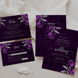 Invitation Élégant Mariage floral en argent Plum