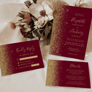 Burgundy Red Gold Glitzer Wedding Einladung