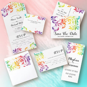 Invitation Tout En Un Rainbow colors scroll leaf gay, lesbian wedding