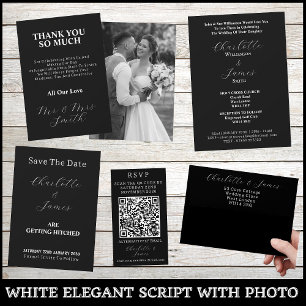 Invitation Élégant script blanc   Happy Couple Photo Black