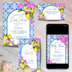Blue Tiles und Bougainvillea elegante Baby-Dusche Einladung