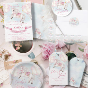 Invitation Fairytale Pony Stars Baby shower de ballons roses