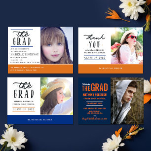 Orange and Blue Graduation Photo Thank You Card Dankeskarte