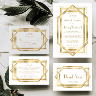 Carte D'accompagnement Vintage 1920s Déco White Gold Wedding Détails