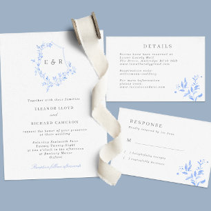 Invitation Regency Blue Monogram Leaf Crest Mariage Invitatia