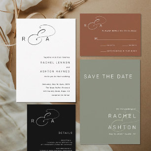 Invitation Simple Monogramme minimaliste Mariage noir et blan