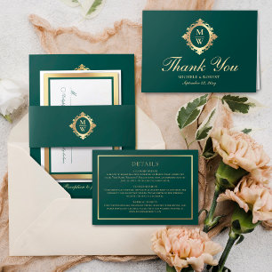 Invitation En Aluminium Élégant Monogram Classic Luxe Emerald Green Gold