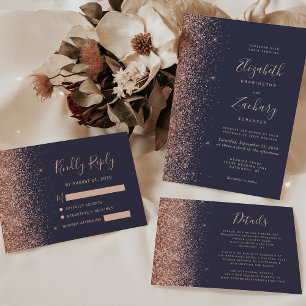 Invitation Modern Dark Blue Rose Gold Glitter Edge Wedding