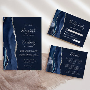 Moderne Navy Blue Silver Agate Hochzeit RSVP Karte