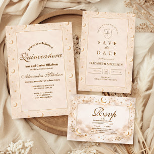 Himmlische Goldmond Quinceañera Save The Date