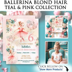 Pink Aquamarin Blond Ballerina Girl Geburtstag Einladung