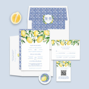 Positano Lemons Blue Tiles Wedding Meal Choice RSVP Karte