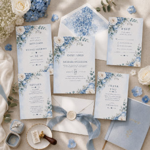 Carte de détails de mariage aux hortensias bleus