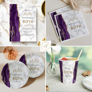 Serviette En Papier Purple Agate Marbre Or Script 80e anniversaire