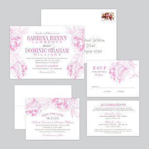 Save The Date Élégant Fuchsia rose et gris Mariage de pivoine fl