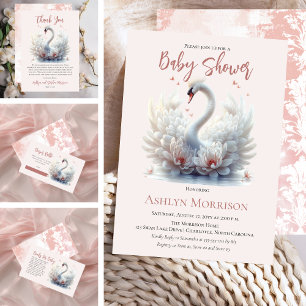 Carte De Remerciements Beau Swan rose Floral Damask Girl Baby shower