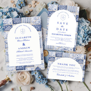 Cartons Réponse Mariage Patchwork Toile de Delft Bleu