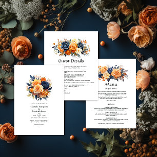 Menu Marine et Orange Floral Mariage Détails au sujet d