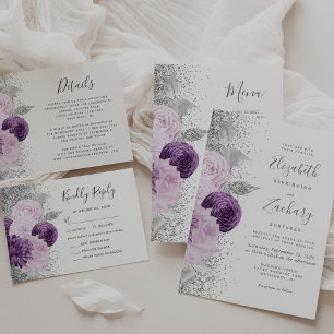 Carte D'accompagnement Détails de mariage blanc floral argenté violet