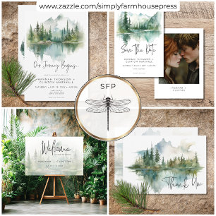 Save The Date Rustic Mountain Lake Scene Mariage d'aquarelle