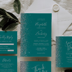 Moderne Aquamarine Blue Silver Glitzer Edge Weddin Einladung