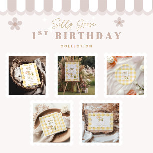 Gelber Gingham Verrückter Gans 1. Geburtstag Dankeskarte