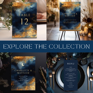 Celestial Abstrakt Blue Golden Moon Save the Date Folieneinladung