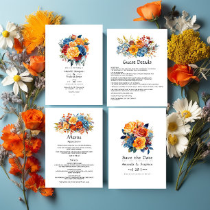 Hochzeit mit Blauer, Orange, Gelb und Roter Flora Save The Date