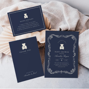 Vintage Monogram Navy Blau Teddy Bär Baby-Party Dankeskarte