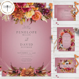 Invitation Tout En Un Bijou Boho vintage et code QR floral rose