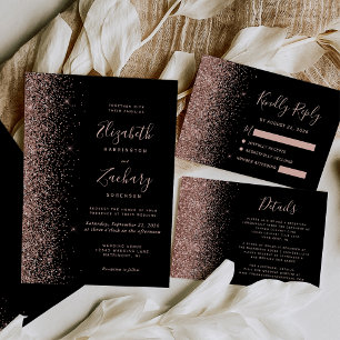 Modern Black Rose Gold Faux Glitter Edge Wedding Einladung