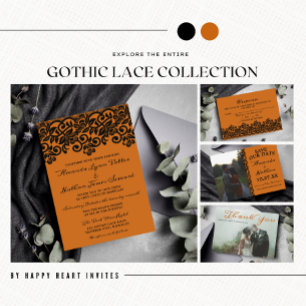 Invitation Dentelle gothique Halloween Mariage noir orange
