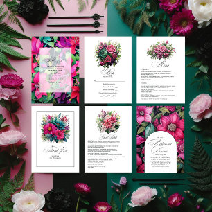 Fuchsia und Emerald Green Floral Wedding Menükarte