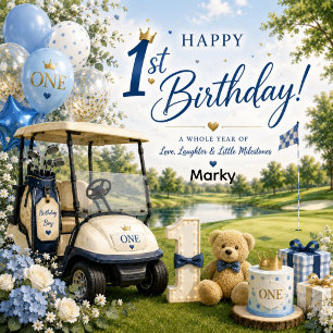 Golf 1. Geburtstag mit Golfwagen auf Putting Green Quadratischer Aufkleber