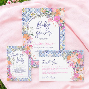 Italienisch blaue Fliesen Aquarell Blütendusche Einladung