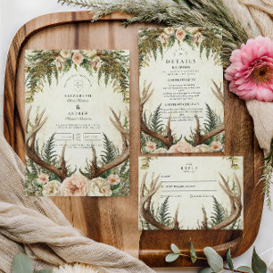 Rustikale Antler Woodland Floral Wedding Dankeskarte