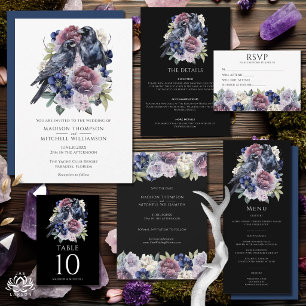 Carte D'accompagnement Mariage Floral Gothique Violet Aquarelle Corbeaux