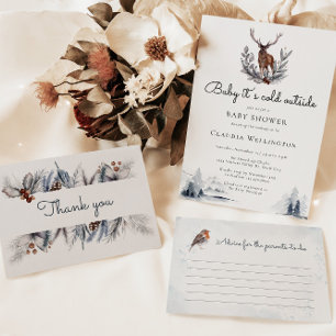 Carte De Remerciements Baby shower forestier d'hiver Woodland Watercolor